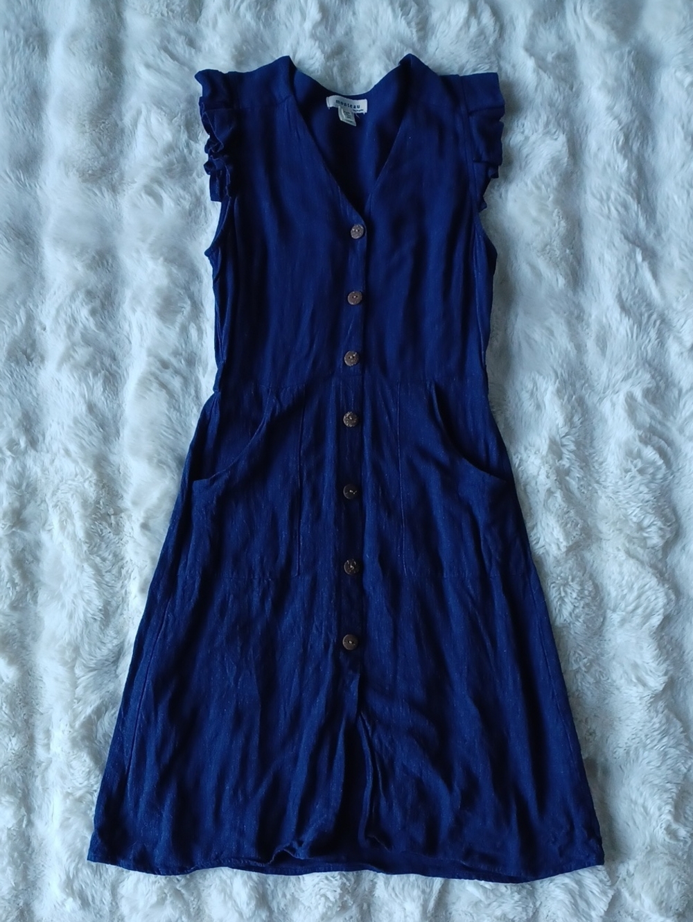 Monteau Navy Button-Front Ruffle-Sleeve Dress